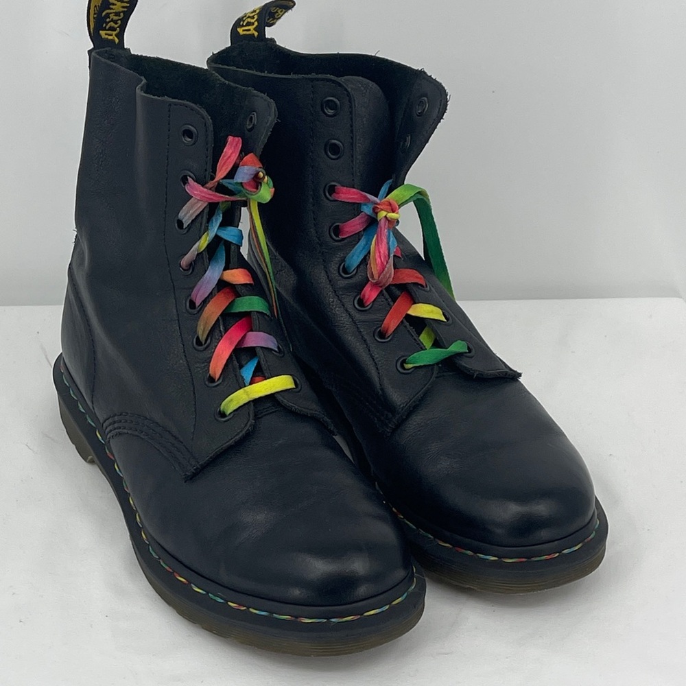 Dr. Martens PASCAL WOMENS 10 Black Leather Boots with Rainbow Laces STITCH